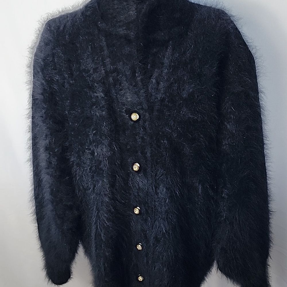 Vintage Soft Quiet Luxury Angora Cardigan Sweater With Rhinestone Buttons